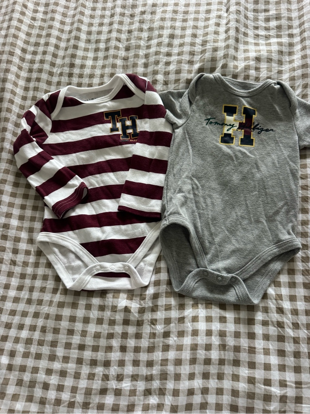 Tommy Hilfiger Grey Logo and Maroon-White Striped One-Piece Bodysuits Set